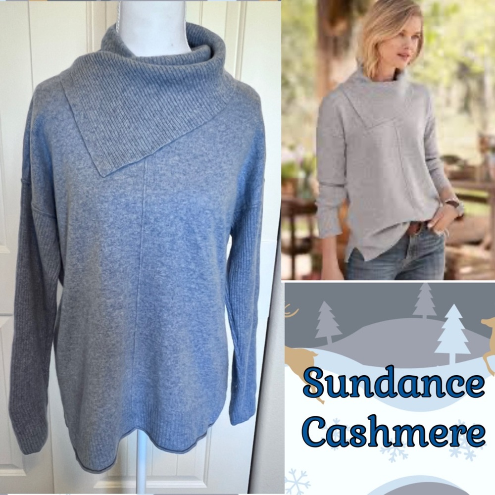 Sundance 100% Cashmere Shawl Turtleneck Pullover Sweater Blue Sz Medium